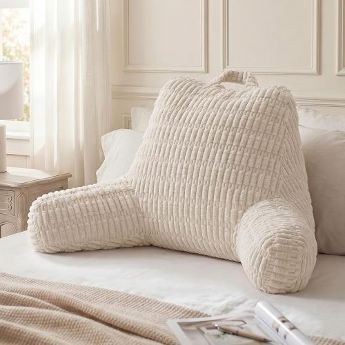 Blissful Diary Reading Pillow, Backrest Pillow with Shredded Memory Foam for Adult & Children, Designed for Bed and Couch Sitting Up, Includes Arms, Pockets and Washable Cover, Off White