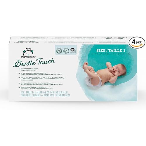 Amazon Brand - Mama Bear Gentle Touch Baby Diapers, Size 1, Leak Protection, Wetness Indicator, Umbilical Cord Cutout, 200 Count (4 packs of 50)