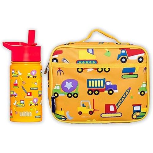 Wildkin Lunch Box Bag Bundle with 14 oz Steel Water Bottle for Kids – Durable, Insulated Kids Lunch Set for School & Travel - Under Construction