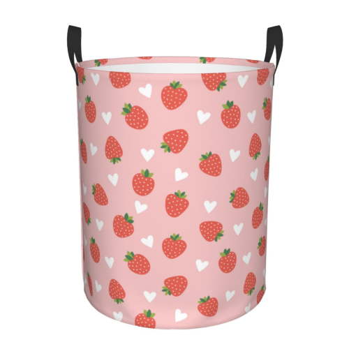 Honeii Strawberry Print Laundry Hamper Basket,Baby Nursery Woven Storage Basket for Toys Bin,Pillows,Blankets,Clothes-Small