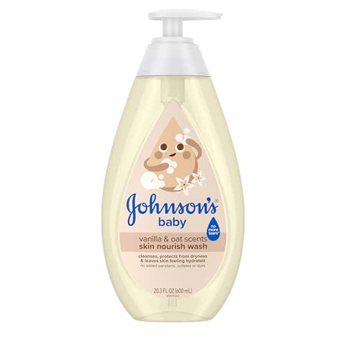 Johnson's Skin Nourishing Moisture Baby Wash, Vanilla & Oat Scents, Tear-Free, Hypoallergenic Baby Body Wash Cleanses, Protects from Dryness, & Leaves Skin Feeling Hydrated, 20.3 fl. oz