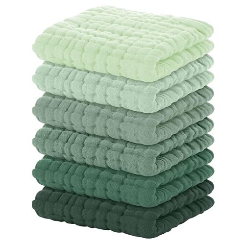 Yoofoss Muslin Baby Washcloths 100% Organic Cotton Face Towels 6 Pack Wash Cloths for Baby 12x12in Soft and Absorbent Baby Wipes (Gradient Green)