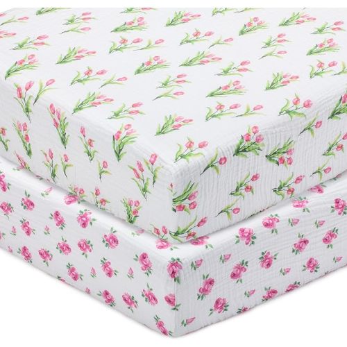 LollyBanks Muslin Crib Sheets 2 Pack, 100% Cotton Soft and Breathable Fitted Crib Sheet for Standard 52"x28" Mattress, Cozy Baby Bed Sheet for Girls, Baby Girl Nursery Decor (Tulip and Rose)