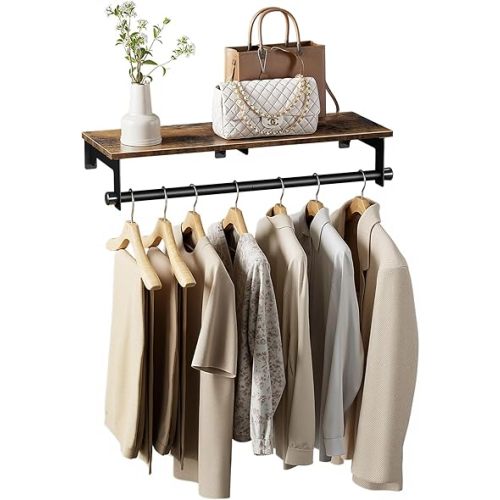 Luxspire Clothes Rack 28.7inch, Wall Mounted Garment Racks with Top Shelf for Hanging Clothes, Heavy Duty Industrial Pipe Garment Rack, Laundry Room Shelves Closet Storage, Black + Brown