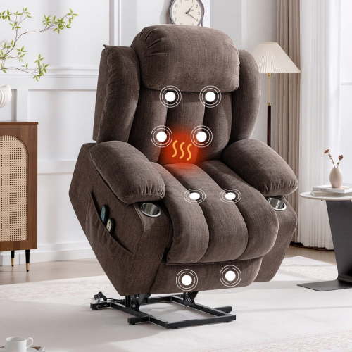 ATHOPE Power Lift Recliner Chair for Elderly with Vibration Massage and Lumbar Heating for Living Room, Electric Oversized Single Sofa with Cup Holder and Side Pockets, Brown