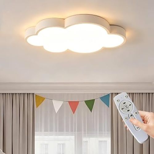 Cloud Shape LED Ceiling Light, White 19in/36w, with Remote Control, Kids Room Nursery Bedroom Indoor Lamp, Flush Mount Fixture