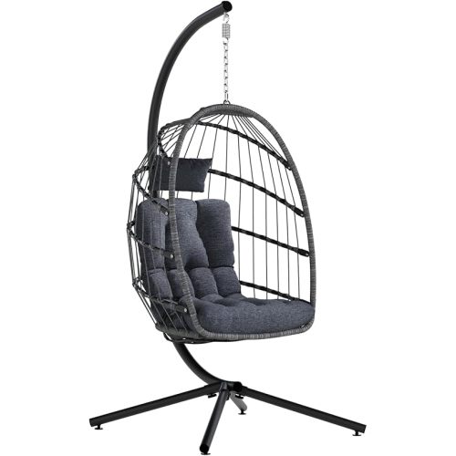 SWITTE Egg Chair Outdoor with Stand, Indoor Wicker Hanging Egg Swing Chair with Cushion, 350lbs Capacity for Patio, Bedroom, Garden - Dark Grey