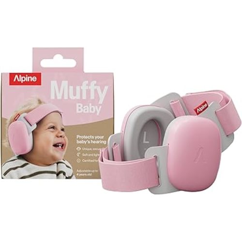 Alpine Muffy Baby Comfort - Protects Hearing for Babies and Toddlers - CE & ANSI Certified - Unique Headband for Safe fit & Comfort - Multi-adjustable for Ages 3-48 Months - 24dB Sound Reduction, Pink