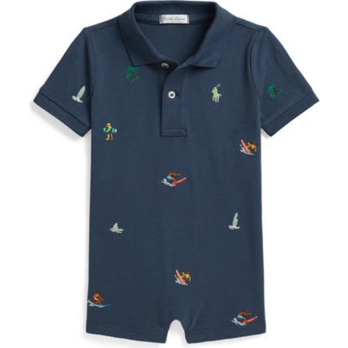 Surf Embroidered Polo Romper, 3M