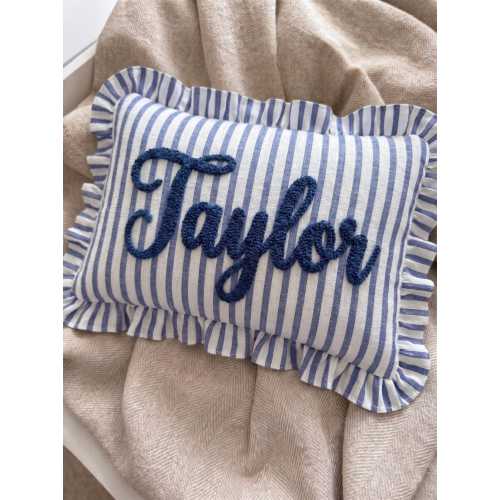 Personalized Striped Ruffled Punch Needle Throw Pillow: Embroidered Name Baby Gift for Nursery