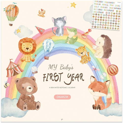 Baby's First Year Calendar, Memory Book with Milestone Stickers and Storage Pocket, Baby Keepsake Tracker - 1st Year Tracker (animal)