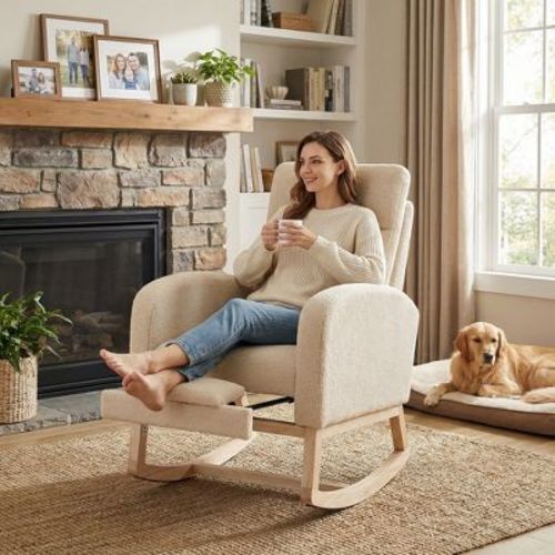 Modern Nursery Rocking Chair with Footrest, Comfortable Glider Recliner with Side Pocket for Living Room, Bedroom