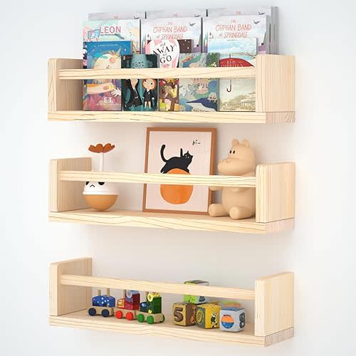 Nursery Book Shelves, 16 Inch Floating Bookshelves for Kids Room and Playroom Decor, Set of 3, Solid Wood Wall Mounted Shelves for Books and Toys Storage (Nature)
