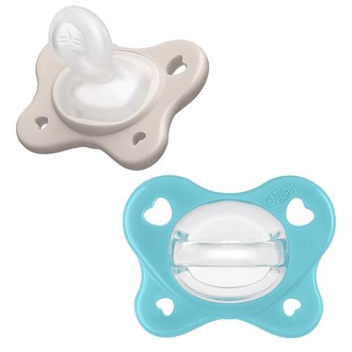 Chicco PhysioForma Dual Soft Orthodontic Pacifier for Babies 2-6 Months, 100% Soft Silicone, Supports Breathing, One-Piece Design, Included Sterilizing Case, BPA Free, 2-Pack, Pearl/Sky