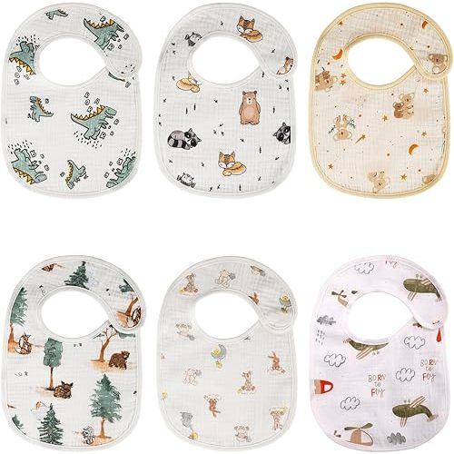 Muslin Baby Bibs, Snap Drool Bibs for Baby Girls Boys, Organic Cotton Lap-shoulder Bibs for Feeding with Waterproof Back