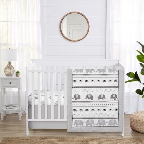 Sweet Jojo Designs Grey and White Boho Bohemian Elephant Boy Girl Gender Neutral Unisex Baby Crib Bedding Set Infant Nursery Room Blanket Fitted Sheet Skirt 3p Elephants Safari Animal Modern Patterned