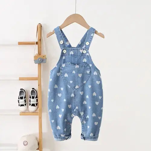 6-12 mo - Baby Allover Heart Denim Blue Overalls