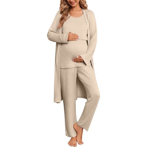 Ekouaer Nursing Pajamas Maternity Robe Set 3 Pieces Postpartum Maternity Pajama Set Pregnancy Breastfeeding Pj