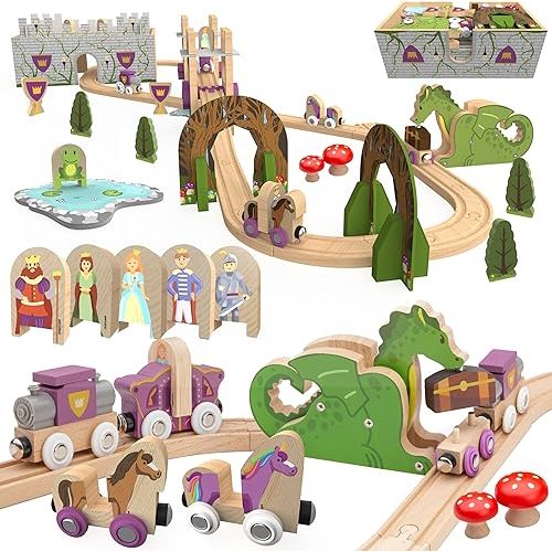 Wooden Train Set 68 PCS Castle Dragon Unicorn Fantasy Kingdom Adventure Playset w/Storage Box Train Toys for Girls Toddlers Grandkids Kids Compatible with Thomas Brio Melissa and Doug