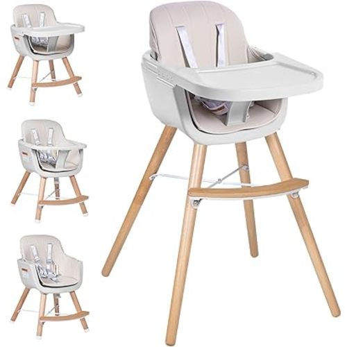 High Chairs for Babies and Toddlers,3 in 1 Convertible Wooden highchair, Baby High Chair with Adjustable Legs,5 Point Harness, Footrest, Dishwasher-Safe Tray & PU Leather Cushion, Beige