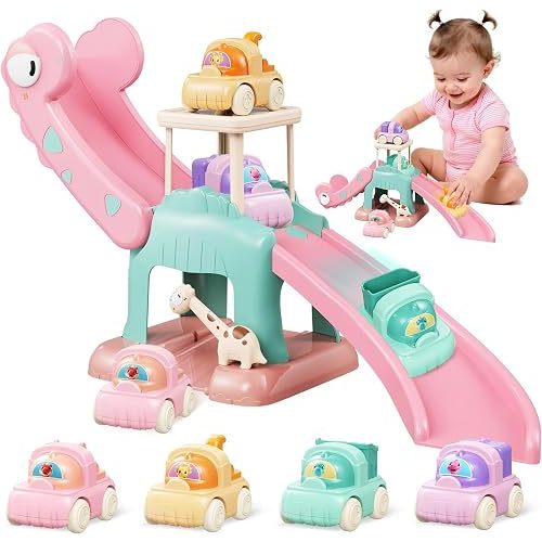 CRATIVWOOD Dinosaur Car Ramp Slide Toy for Toddlers — 4 Push Cars with Race Track, Baby Slide Indoor Toy, Montessori Learning Birthday Gift for Boys Girls 1 2 3 Year Old (Pink)
