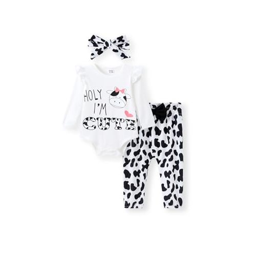 PATPAT Baby Girl Long Sleeve Onesies Infant Girl Rompers Pants Headband 3 Pieces Set Ladybug Outfits 0-24 Months