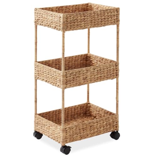 Casafield 3-Tier Rolling Storage Cart - Natural, Water Hyacinth Nursery Caddy, Utility Cart for Bathroom, Craft Room, Laundry Room Organization