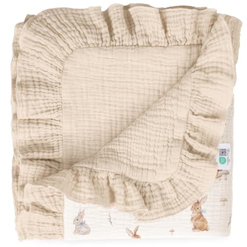 lulumoon Muslin Baby Blanket for Girls: Breathable Soft Cotton with Ruffle Edge - Lightweight Crib Blanket for Stroller & Photography Backdrop 40"x36"(Bunny)