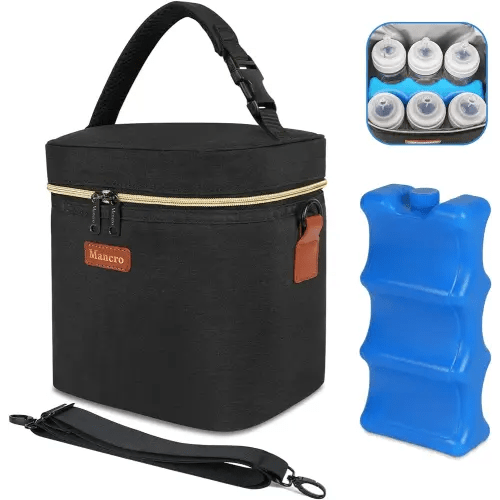 Mancro Breastmilk Cooler Bag with Ice Pack, Fits 6 Baby Bottles Up to 9 Ounce Insulated Bottle Bag, Breast Milk on The go Strap, for Nursing Mom Daycare, Black