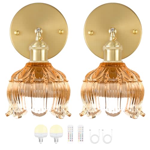 Vintage Battery Wall Sconce with Flower lampshade,Rechargeable Battery Powered Wall Lights,Wall lamp with 15 Colors for Bedroom Living Room Home Decor (Flower Amber, 2 Light Battery Operated)