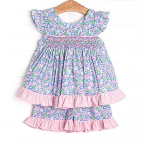 Portia Pastel Petals Smocked Ruffle Short Set, Purple – Stitchy Fish