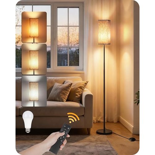 GOEBLESON 64.2” Dimmable Floor Lamp for Living Room with Remote and Foot Switch, Corner Floor Lamp for Bedroom, Includes 10W A19 Bulb, Modern Standing Tall Lamp, ETL Listed Beige and Black E17LD05