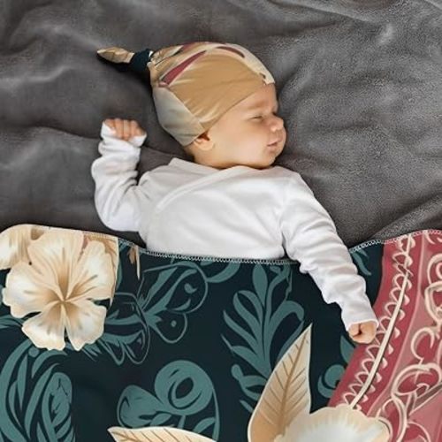 Elegant Hawaiian Pattern Newborn Swaddle Blanket with Beanie Hat Set,Soft Stretchy Baby Blanket Swaddle Sack Receiving Blanket Swaddle Sack Wraps Shower Gifts for Infant Boys Girls