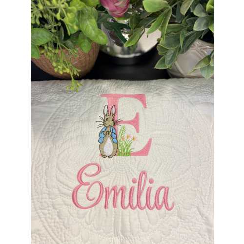 Peter Rabbit Personalized Embroidered Heirloom Baby Quilt, Crib Bedding, Bunny Name Blanket, Baby Shower, Beatrix Potter Nursery