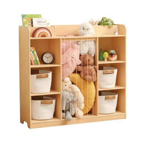 OOOK Stuffed Animal Storage, 3-Tier Montessori Bookshelf and Toy Storage | FSC Plywood, Kids Bookshelf and Toy Organizer for Playroom, Nursery, Daycare, Preschool, 40.9"W×11.8"D×37.4"H