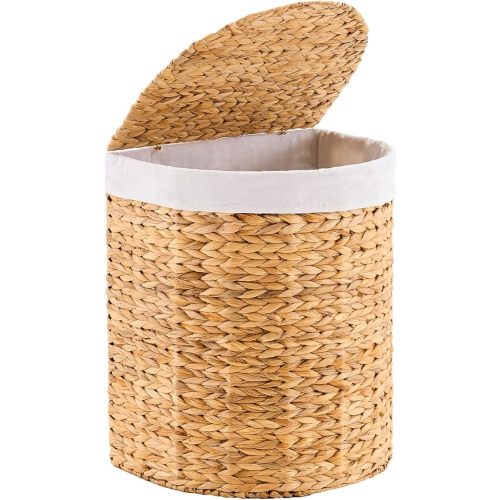 Half Round Wicker Laundry Hamper with Lid and 2 Removable Liner Bags, Handwoven Natural Water Hyacinth Laundry Basket for Dirty Clothes, Natural