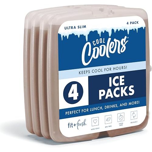 Cool Coolers by Fit & Fresh Slim Ice Packs, Quick Freeze Reusable Ice Packs for Lunch Boxes & Coolers, Long-Lasting, Space Saving Lunch Ice Packs, Taupe, 4Pk