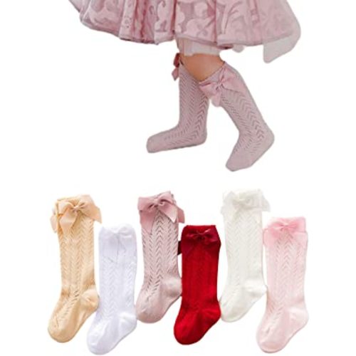 Merqwadd 4-Pack Baby Girls Knee High Socks Infants Toddlers Bow Knit Socks Cotton Tube Ruffled Stockings