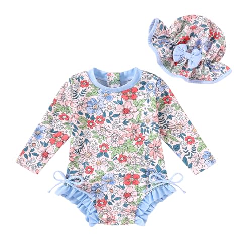 Infant Baby Swimsuit Girl Long Sleeve UPF 50+ Sun Protection One-Piece Rash Guard with Hat Zipper Bathing Suit