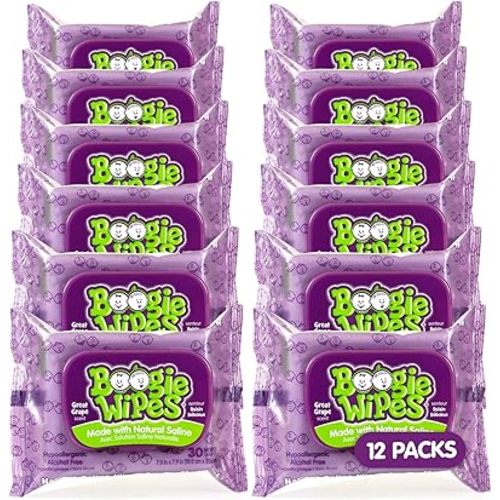 Saline Nose Wipes by Boogie, for Baby & Kids, Face, Hand & Body, FSA/HSA Eligible, Made with Vitamin E, Aloe, and Natural Saline, Grape Scent, 30 Count (Pack of 12)