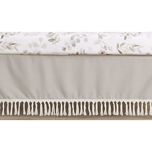 Sweet Jojo Designs Boho Fringe Boy or Girl Baby Nursery Crib Bed Skirt Dust Ruffle - Gender Neutral Beige Tan Taupe Linen Tassel Macrame for Bohemian Woodland Farmhouse Botanical Leaf Collection