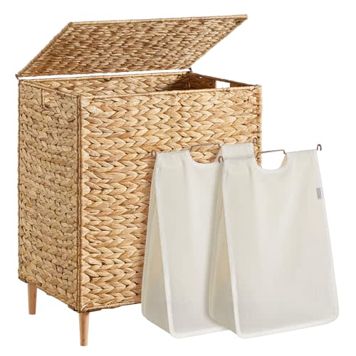 SONGMICS Laundry Hamper 2 Sections, 34.3 Gal. (130 L) Handwoven Water Hyacinth Wicker Laundry Basket with Lid, Natural Material, Removable Machine Washable Liners, Handles, Natural ULCB202Y01 | Wicker Laundry Basket 2 Sections, Natural Material, Remova...