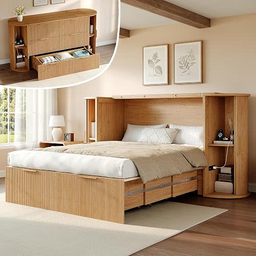 AMERLIFE Full Murphy Bed with Storage & Sliding Tambour Door