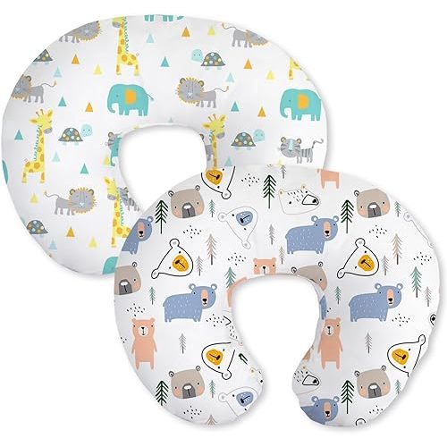 Little Grape Land Nursing Pillow Covers 2 Pack, Soft & Breathable Removable Breastfeeding Pillows Covers for Feeding Pillows, Nursing Pillow Slipcover for Baby Girls Boys, (Animal & Bear