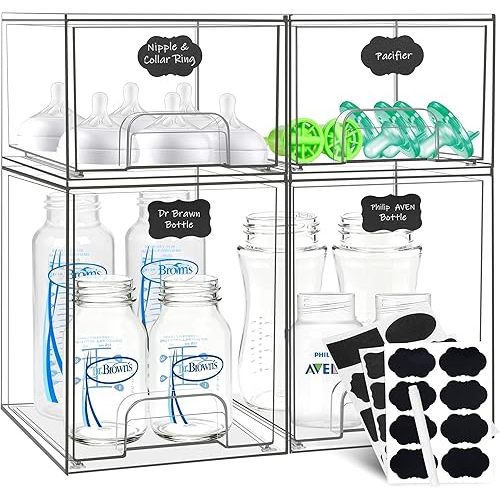 Baby Bottle Organizer, Stackable Storage Drawers with Chalkboard Labels, Clear Station Organizer Container for Bottles, Pacifiers, Pump Parts, Baby Bottle Organizers for Countertop and Cabinet, 4 Pack