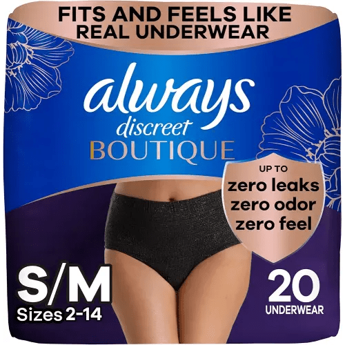 Always Discreet Boutique Incontinence and Postpartum Underwear for Women, Maximum Protection, Small/Medium, Black, 20 Count