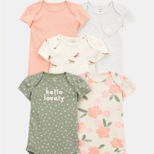 Baby Girl 5-Pack Floral Horses Short-Sleeve Cotton Bodysuits - Pink/Green | Carter's