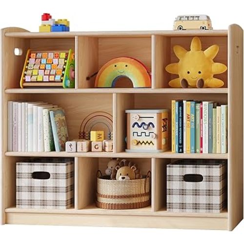 ONBRILL 8 Cube Montessori Shelf, Bookshelf and Toy Storage Organizer for Kids Room, Toddler 3-Tier Wood Bookcase, Furniture of Daycare, Nursery, Classroom, Kindergarten (Natural)