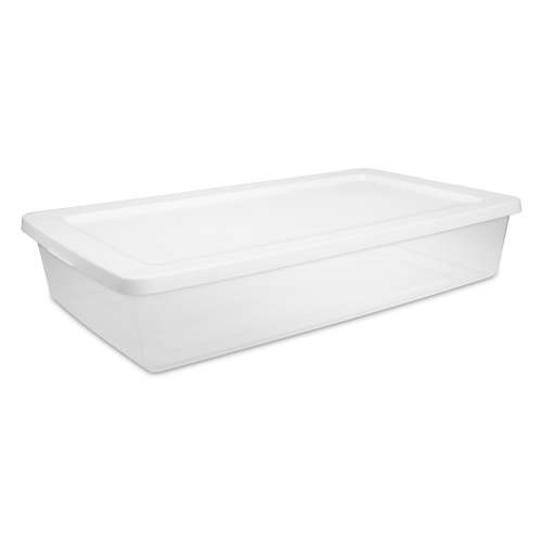 Sterilite 41 Quart Clear Storage Bin with Snap-on White Lid for Household Organization