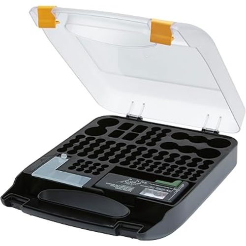 Amazon Basics Battery Organizer with Tester, Wall-Mounted Design, Handle Holds 110 Batteries,9.37 x 11.69 x 2.91 inches Clear/Black